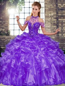 High Quality Purple Lace Up Sweet 16 Quinceanera Dress Beading and Ruffles Sleeveless Floor Length