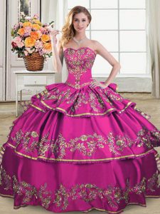 Fuchsia Lace Up Sweetheart Embroidery and Ruffled Layers 15th Birthday Dress Satin and Organza Sleeveless