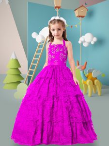 High End Sleeveless Floor Length Beading and Ruffled Layers Zipper Pageant Gowns For Girls with Purple
