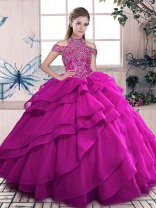 Fuchsia Lace Up Ball Gown Prom Dress Beading and Ruffled Layers Sleeveless Floor Length