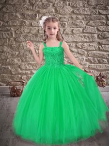 High Class Green Little Girls Pageant Gowns Wedding Party with Beading and Appliques Straps Sleeveless Sweep Train Lace 