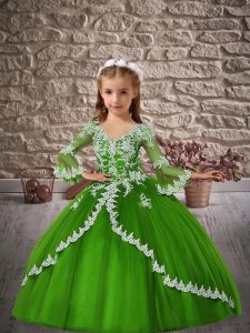 Green Tulle Lace Up V-neck 3 4 Length Sleeve Floor Length Pageant Gowns For Girls Appliques