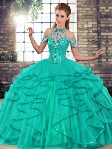 Chic Turquoise Sleeveless Beading and Ruffles Floor Length Sweet 16 Dresses