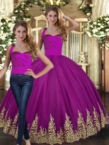 Modern Floor Length Lace Up Vestidos de Quinceanera Fuchsia for Military Ball and Sweet 16 and Quinceanera with Embroide