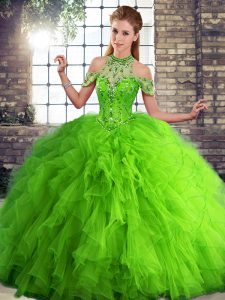 Stylish Green Sleeveless Floor Length Beading and Ruffles Lace Up 15 Quinceanera Dress