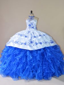 Clearance Embroidery and Ruffles Sweet 16 Quinceanera Dress Royal Blue Lace Up Sleeveless Court Train