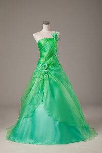 Ball Gowns 15th Birthday Dress Green One Shoulder Organza Sleeveless Floor Length Lace Up