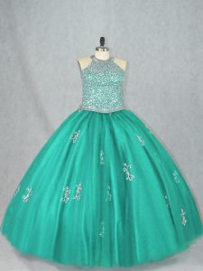 Exceptional Turquoise Lace Up Halter Top Beading and Appliques Quinceanera Dress Tulle Sleeveless