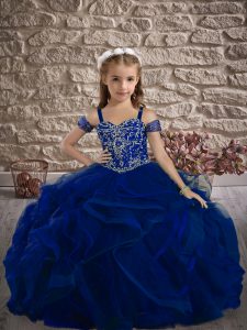 Tulle Straps Sleeveless Sweep Train Lace Up Beading and Ruffles Pageant Dress Toddler in Royal Blue