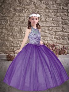 Floor Length Purple Kids Formal Wear Halter Top Sleeveless Lace Up