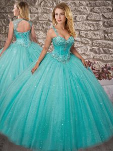 Ball Gowns 15 Quinceanera Dress Aqua Blue Straps Tulle Sleeveless Floor Length Lace Up