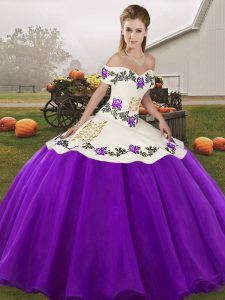 High Class White And Purple Organza Lace Up Quinceanera Gown Sleeveless Floor Length Embroidery