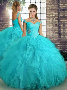 Beautiful Aqua Blue Tulle Lace Up Off The Shoulder Sleeveless Floor Length Sweet 16 Quinceanera Dress Beading and Ruffle