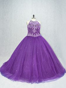 Scoop Sleeveless Brush Train Lace Up Ball Gown Prom Dress Purple Tulle