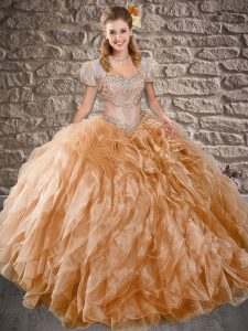 Best Selling Sweep Train Ball Gowns Sweet 16 Dress Champagne Sweetheart Organza Sleeveless Lace Up