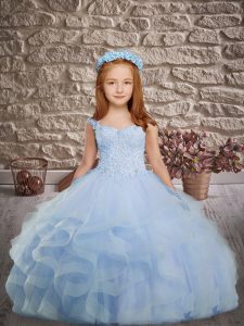 Best Beading and Appliques and Ruffles Girls Pageant Dresses Light Blue Lace Up Sleeveless Brush Train