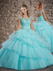 Luxurious Aqua Blue Lace Up Off The Shoulder Beading and Pick Ups Quinceanera Gowns Organza Cap Sleeves Brush Train