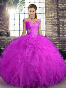 Edgy Ball Gowns Vestidos de Quinceanera Fuchsia Off The Shoulder Tulle Sleeveless Floor Length Lace Up