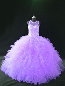 Lavender Lace Up Scoop Beading and Ruffles 15 Quinceanera Dress Organza Sleeveless