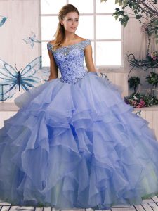 Lavender Ball Gowns Organza Off The Shoulder Sleeveless Beading and Ruffles Floor Length Lace Up Ball Gown Prom Dress