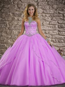 Lilac Tulle Lace Up Halter Top Sleeveless Quinceanera Dress Brush Train Beading