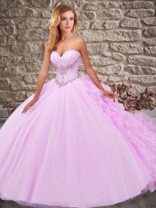 Lilac Sleeveless Organza and Tulle Court Train Lace Up Sweet 16 Quinceanera Dress for Military Ball and Sweet 16 and Qui