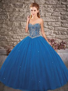 Blue Sweetheart Lace Up Beading Quince Ball Gowns Sleeveless