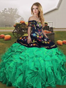 Modest Green Sleeveless Floor Length Embroidery and Ruffles Lace Up Quinceanera Dress