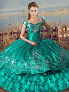 Wonderful Floor Length Lace Up Sweet 16 Quinceanera Dress Turquoise for Sweet 16 and Quinceanera with Embroidery and Ruf