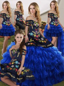 Off The Shoulder Sleeveless Quince Ball Gowns Floor Length Embroidery and Ruffled Layers Blue And Black Organza