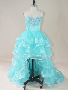 Sexy A-line Aqua Blue Sweetheart Organza Sleeveless High Low Lace Up