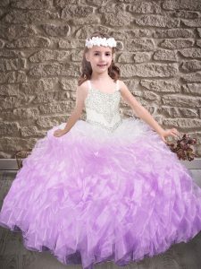 Excellent Lavender Ball Gowns Beading Little Girls Pageant Gowns Lace Up Organza Sleeveless