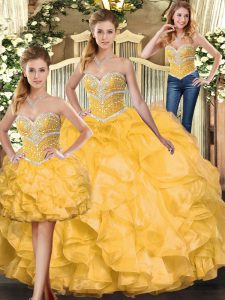 Latest Gold Sweetheart Lace Up Beading and Ruffles Quinceanera Gown Sleeveless