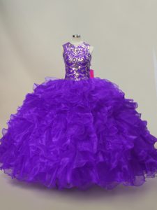 Purple Scoop Lace Up Ruffles and Sequins Sweet 16 Dress Sleeveless
