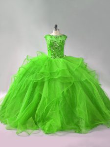 Great Organza Scoop Sleeveless Brush Train Lace Up Beading and Ruffles Sweet 16 Quinceanera Dress in