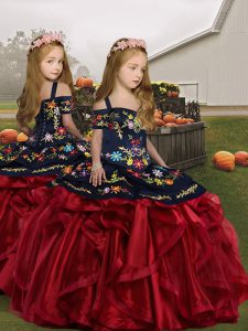 Discount Wine Red Little Girls Pageant Dress Wholesale Party and Wedding Party with Embroidery and Ruffles Straps Sleeve