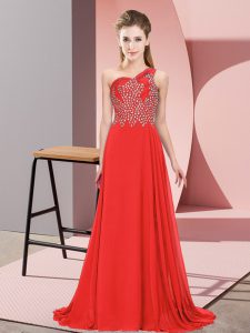 Wonderful Orange Red Empire One Shoulder Sleeveless Chiffon Floor Length Side Zipper Beading Prom Dresses