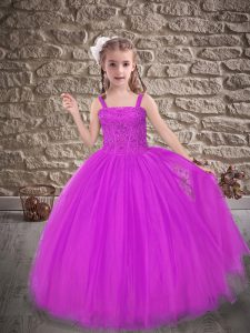 Sleeveless Sweep Train Beading and Appliques Lace Up Little Girls Pageant Dress Wholesale