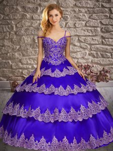 Dazzling Floor Length Lace Up Sweet 16 Quinceanera Dress Purple for Military Ball and Sweet 16 and Quinceanera with Appl