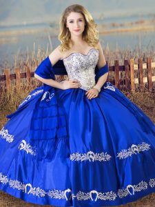 Adorable Royal Blue Satin Lace Up Sweet 16 Quinceanera Dress Sleeveless Floor Length Beading and Embroidery