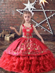 Sleeveless Lace Up Floor Length Embroidery and Ruffled Layers Kids Pageant Dress