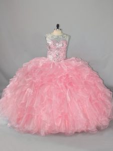 Floor Length Pink Vestidos de Quinceanera Scoop Sleeveless Lace Up