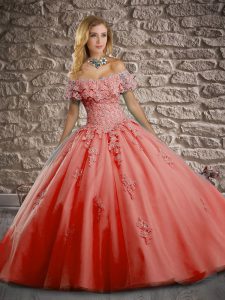 Beauteous Watermelon Red 15 Quinceanera Dress Tulle Brush Train Short Sleeves Lace and Appliques