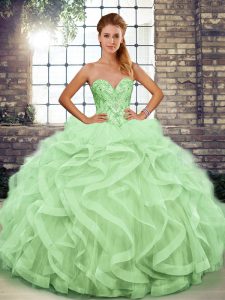 Apple Green Sleeveless Tulle Lace Up 15 Quinceanera Dress for Military Ball and Sweet 16 and Quinceanera