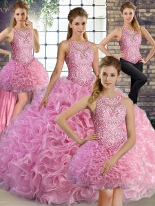 Custom Design Rose Pink Fabric With Rolling Flowers Lace Up Scoop Sleeveless Floor Length Quinceanera Dresses Beading