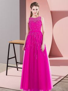 Dramatic Scoop Sleeveless Prom Party Dress Floor Length Beading Fuchsia Tulle