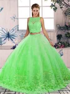 Pretty Two Pieces Sleeveless Green Sweet 16 Dresses Sweep Train Backless