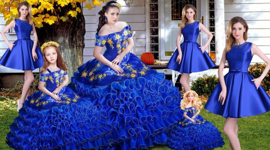 Super Off The Shoulder Sleeveless Quince Ball Gowns Embroidery and Ruffles Royal Blue Organza