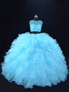 Superior Floor Length Aqua Blue Sweet 16 Dress Scoop Sleeveless Zipper