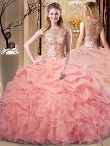 Peach Scoop Lace Up Beading and Ruffles and Pick Ups Quinceanera Dresses Sleeveless